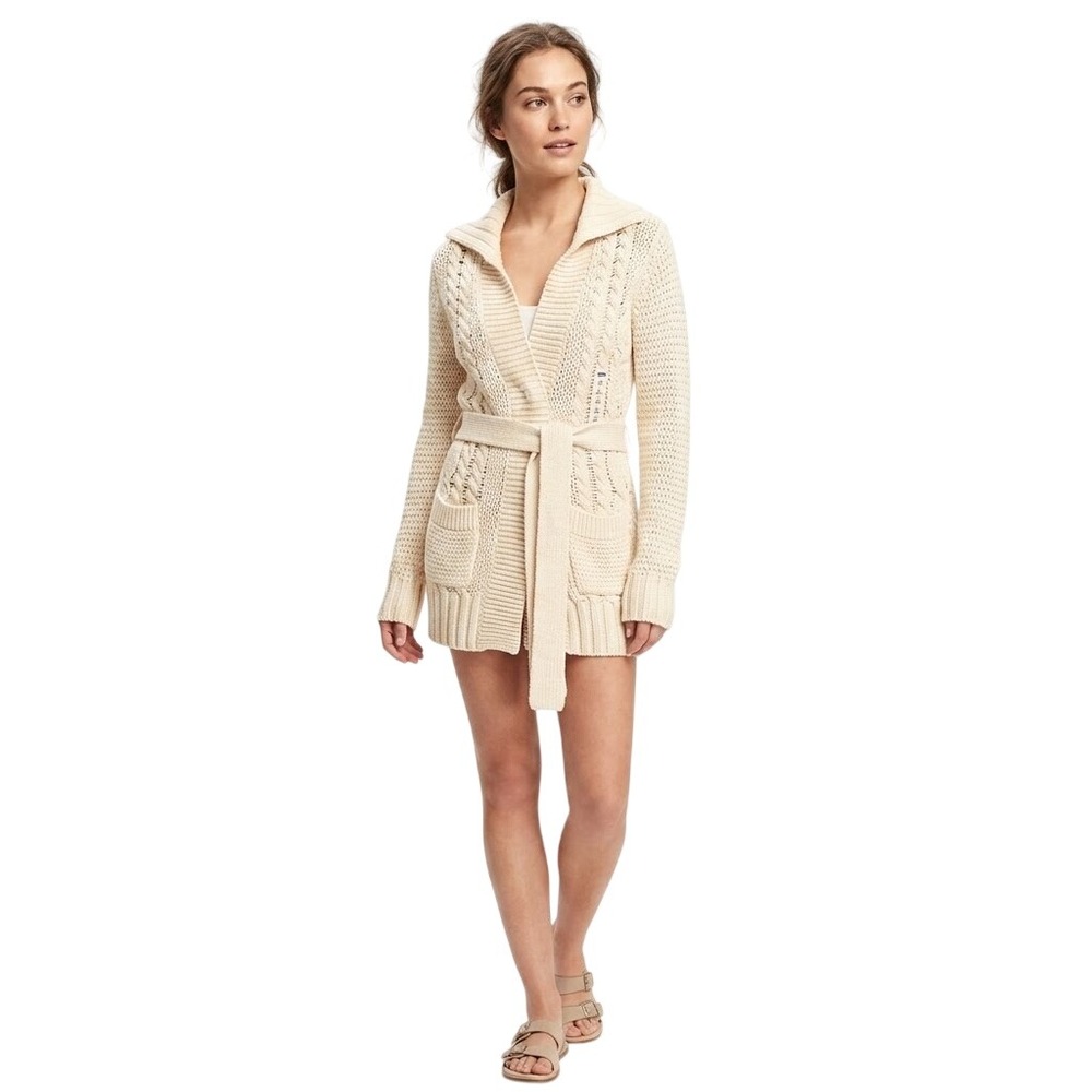 Old Navy Cardigan Womens Small Cream Cable Knit Belted Cotton Chunky Sweater Y2K